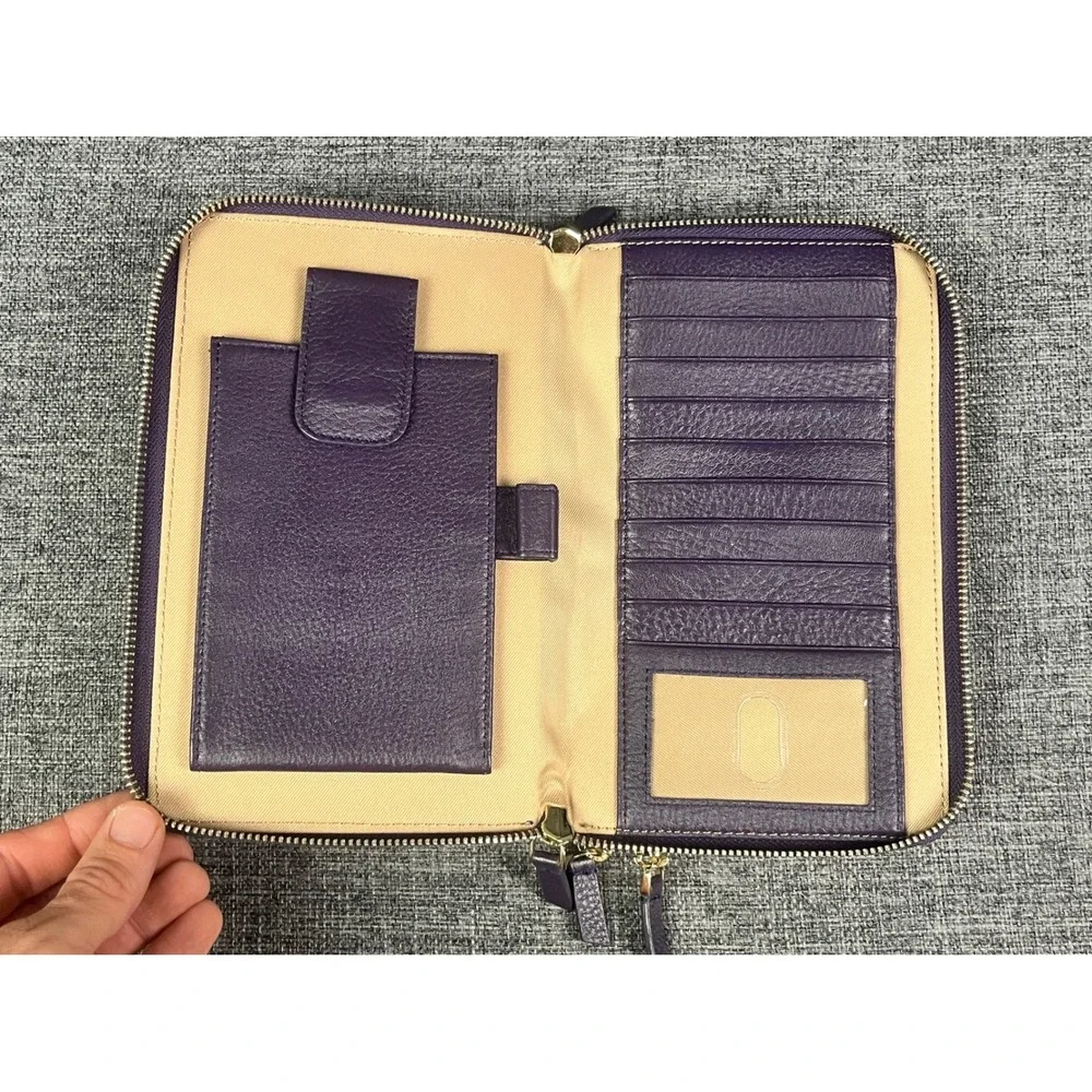 Levenger Purple Pebbled Leather Double Zip Wallet Organizer Phone Clutch Gold HW